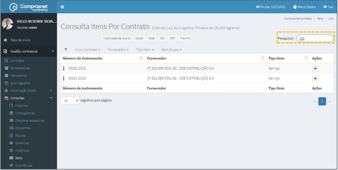 FIGURA 3 - Pesquisa de Itens de Contratos